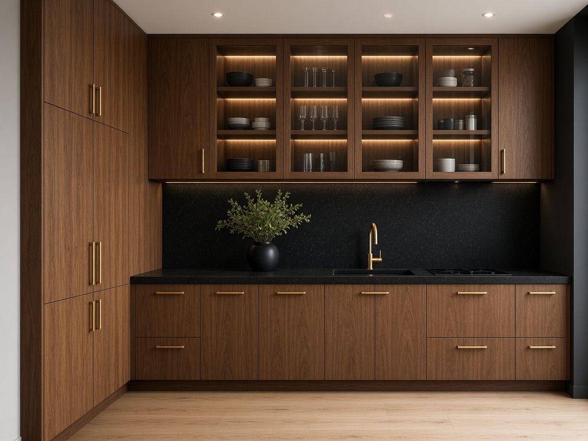 AI concept rendering of new walnut cabinets with gold pulls