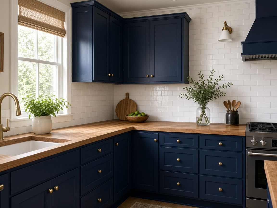 AI concept rendering of navy blue refinished cabinets with brass knobs